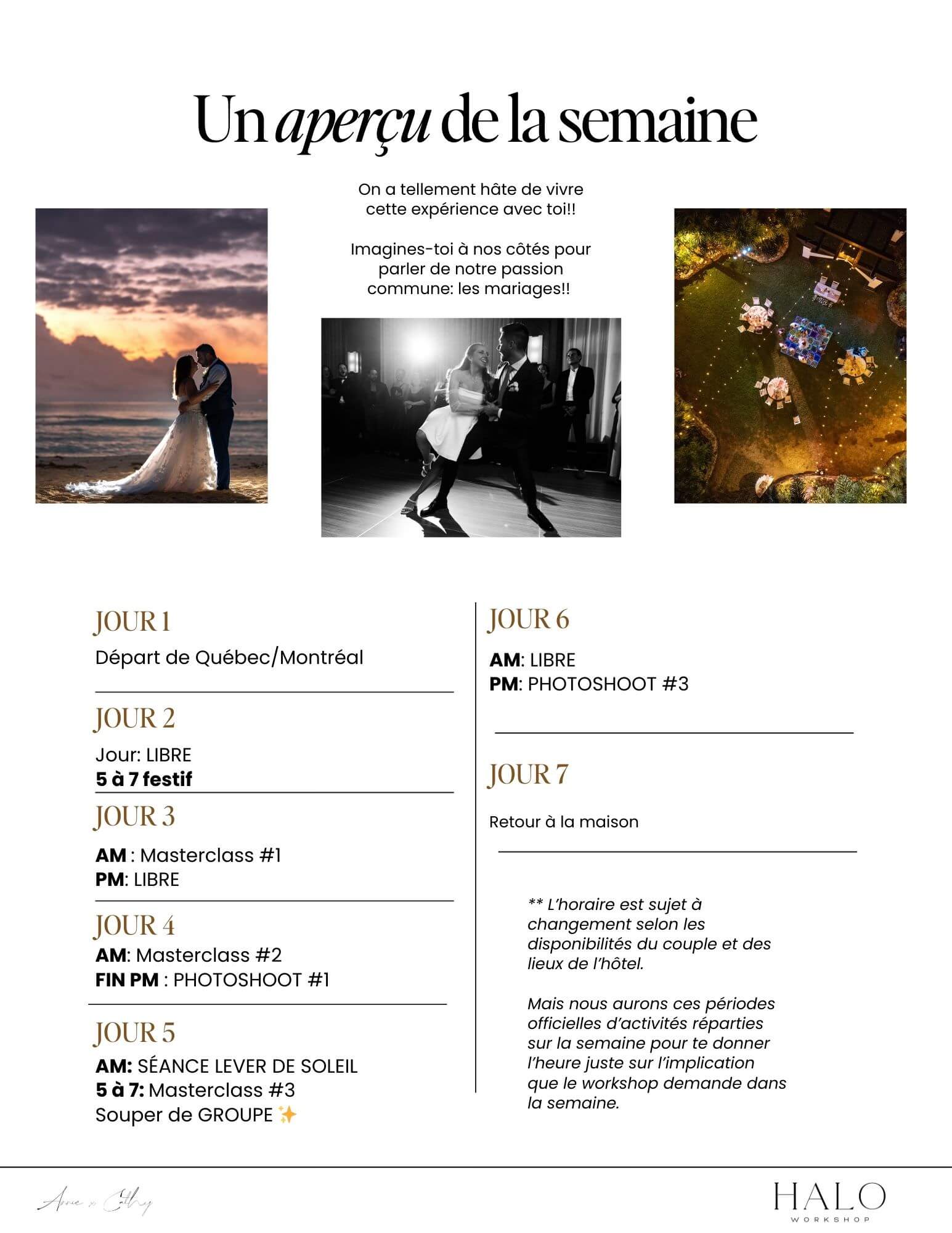 Horaire de la formation pour les photographes de mariage