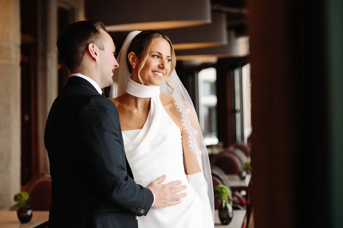 Bride and groom in the Champlain restaurant at the Chateau Frontenac.