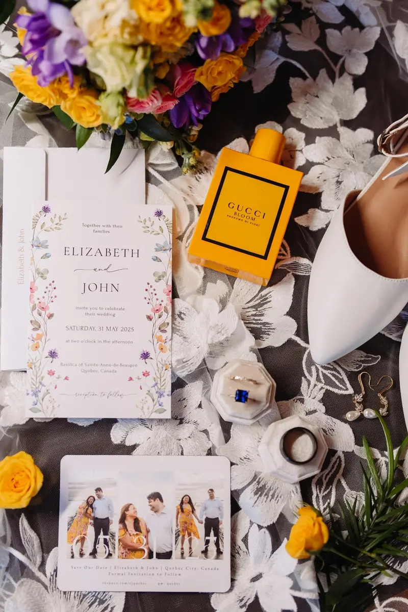 Flat lay wedding in Quebec City with Gucci perfume and stationery
