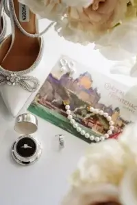 Flat lay of the bride's accessories at the Chateau Frontenac Quebec
