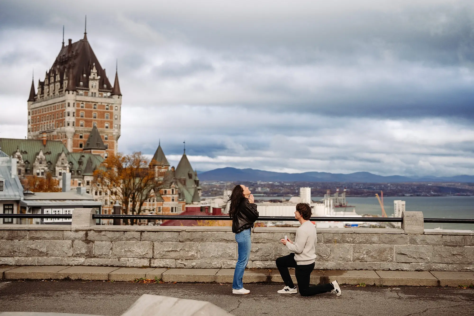 Surprise proposal in Old Quebec over looking the Chateau Frontenac
