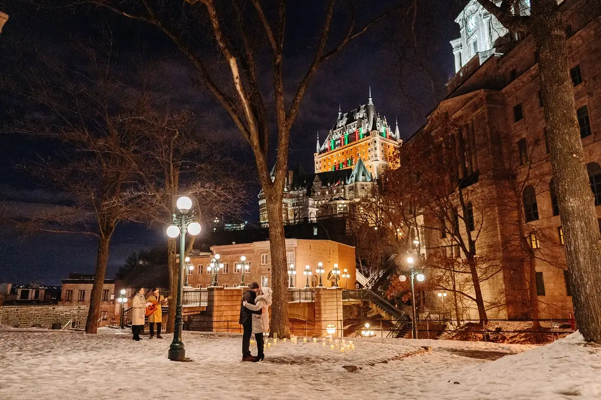 Magical suprise proposal with candle at Montmorency Park with a Chateau Frontenac view