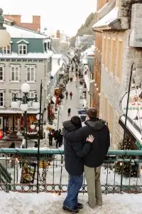 Couple walks in Old Quebec City