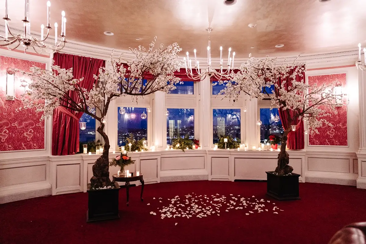 Surprise proposal setup in the Pink Room (Salon Rose) at Fairmont Chateau Frontenac