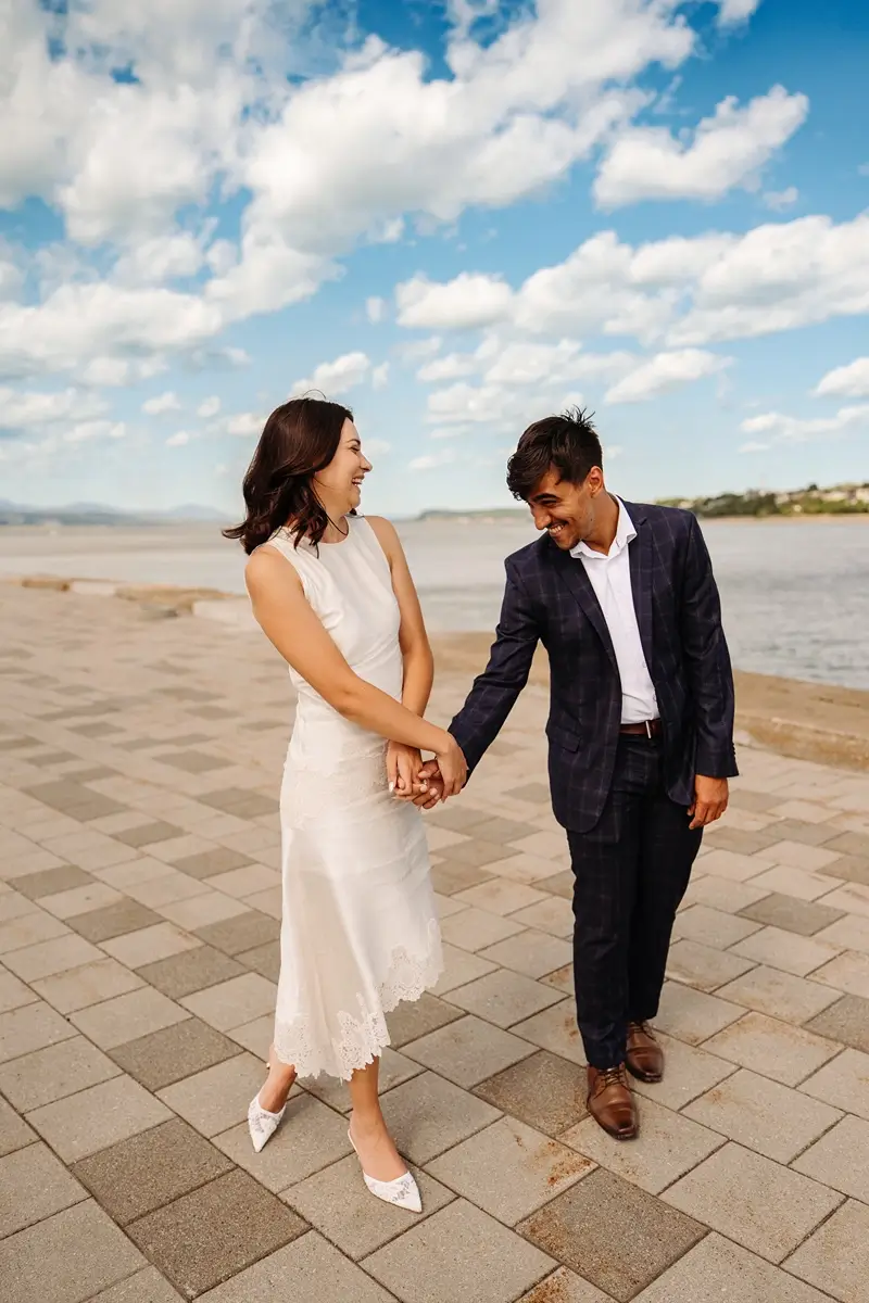 Newly engaged couple near the Saint-Lauwrence River.