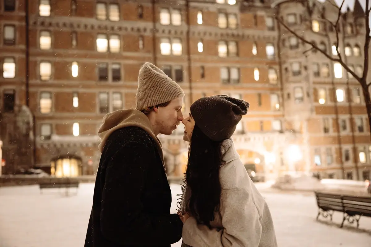 Newly engaged couple at winter.